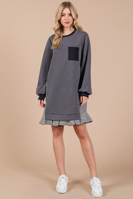 Femme Striped Patchwork Round Neck Terry Sweatshirt Dress