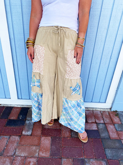 Drawstring Star Patch Contrast Wide Leg Pants