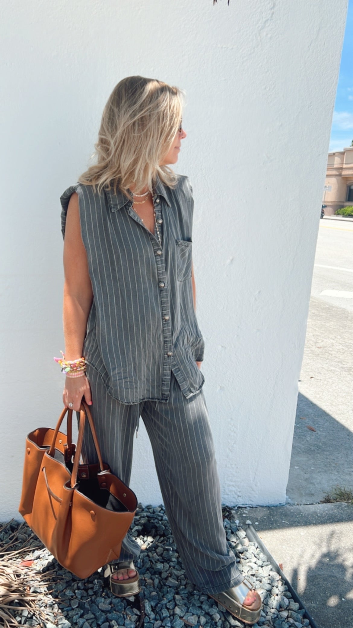 Stripe Button Down Shirt and Long Pants Set