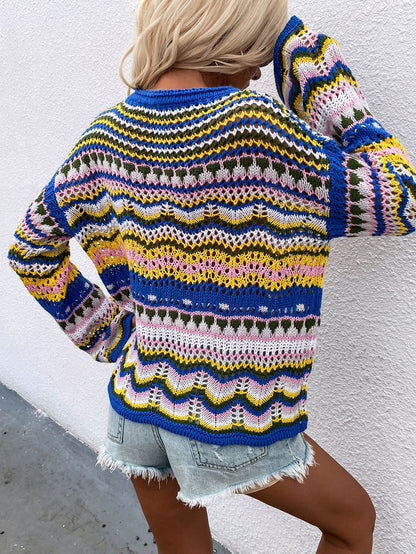 Rainbow Stripe Openwork Flare Sleeve Knit Top PREORDER