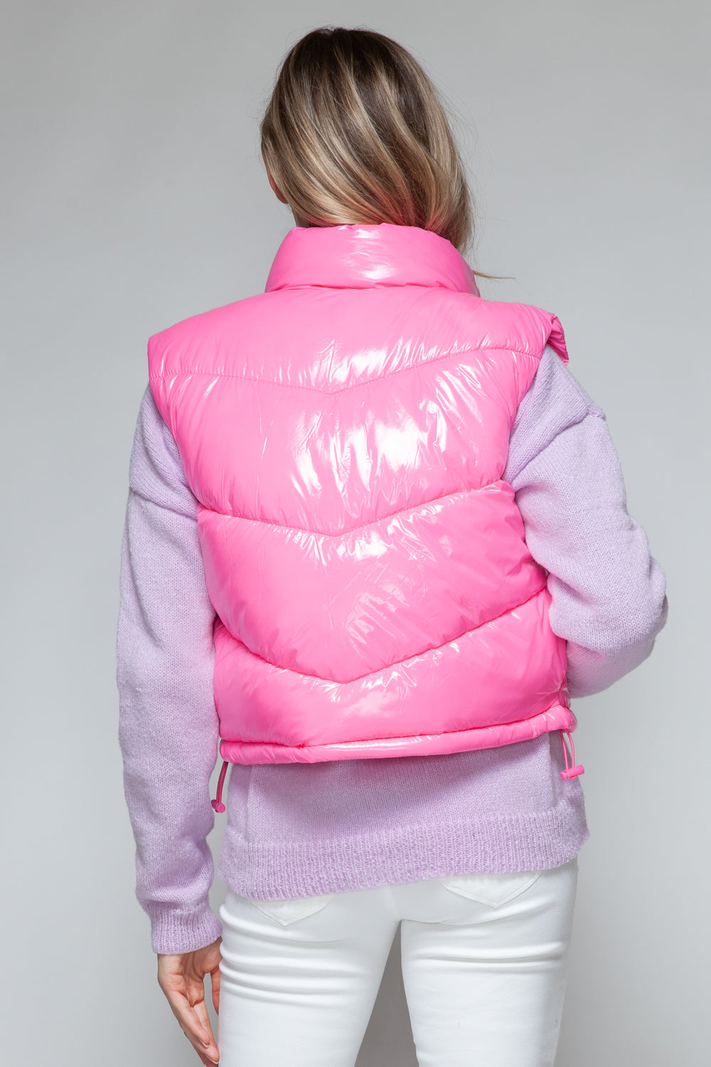 Zip Up Turtleneck Shiny Quilted Vest- PINK