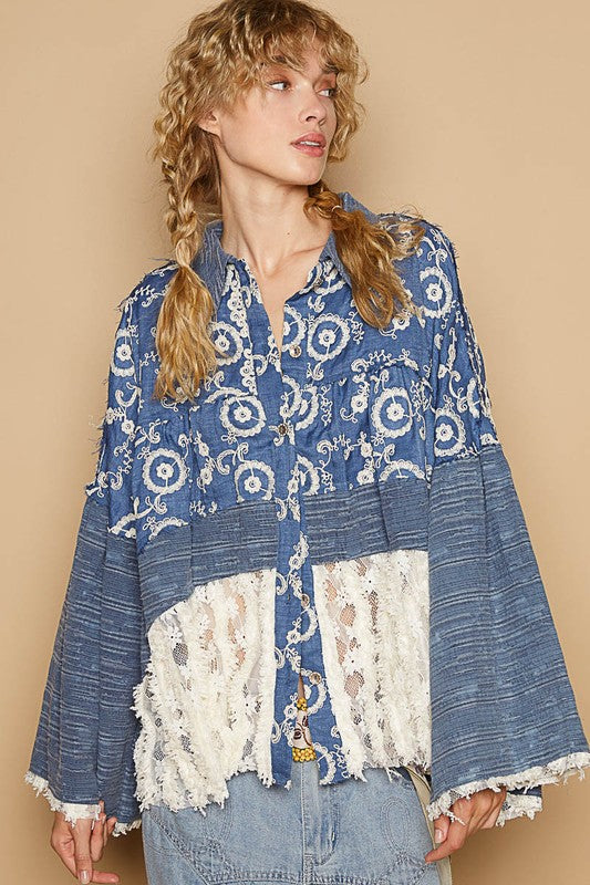 Lace Hem Embroidered Long Sleeve Shirt