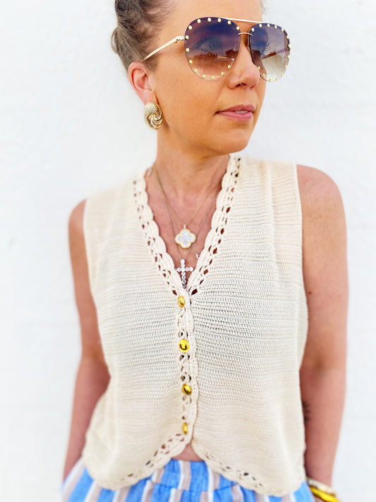 Crochet Trim Button Down Sweater Vest