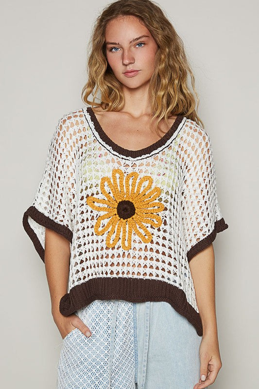 Hollow Out Flower Half Sleeve Knit Cover Up