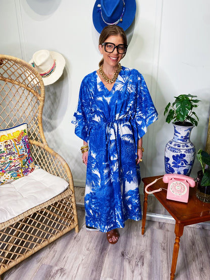 Sophia Kaftan Blue & White Palm Tree