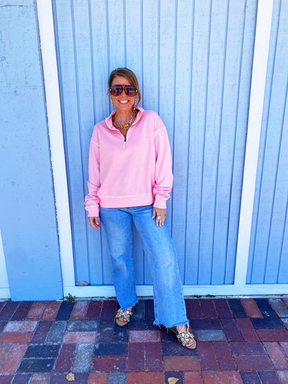 Dk Pink F/terry Pigment Dye & Enzyme Washing Half Zip Top