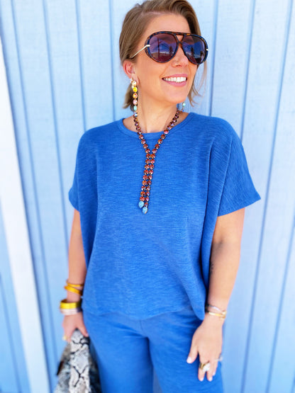 Dusty Blue Cotton Slub Top & Pants Set
