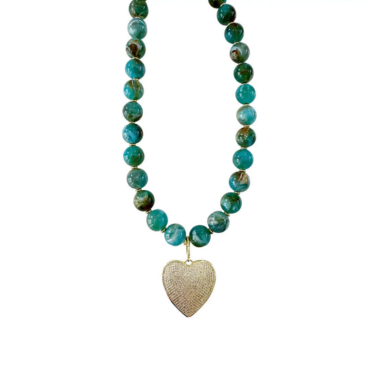 Camden Green Beaded Necklace with Leah Cz Heart PREORDER