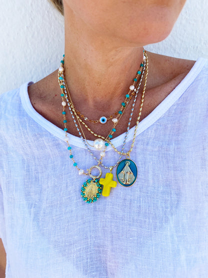 Turq and Pearl Chain Necklace with Medallion