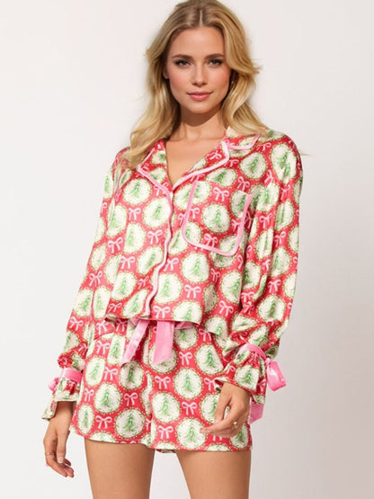 Tied Printed Collared Neck Long Sleeve Top and Shorts Set PREORDER