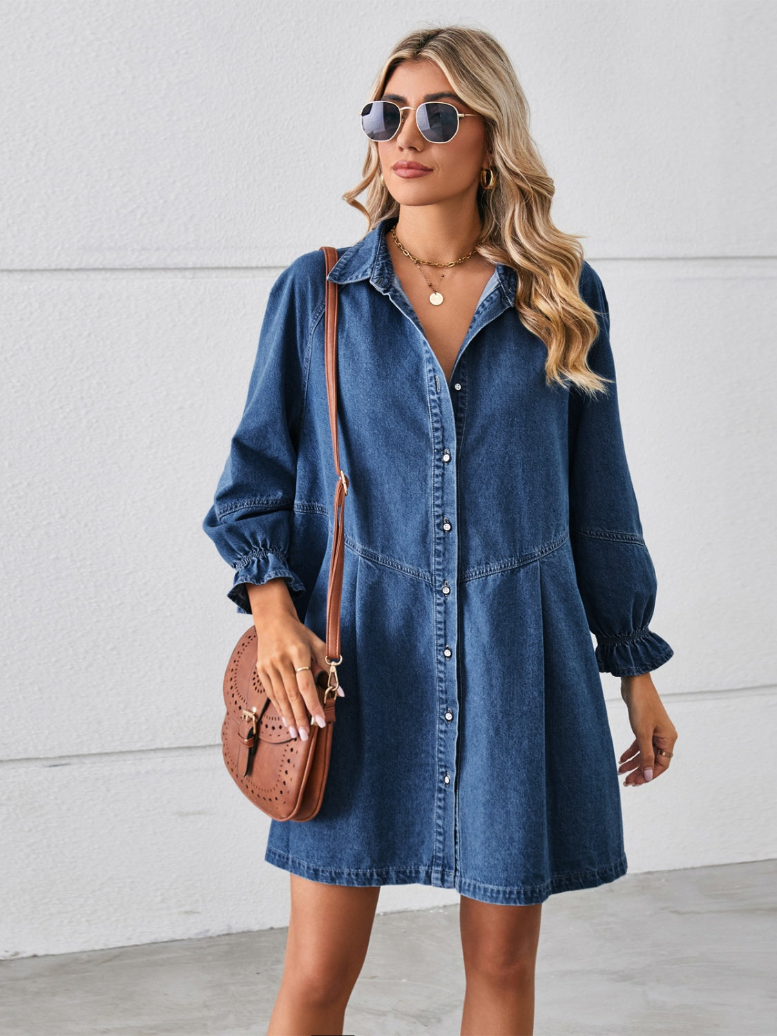 Button Up Flounce Sleeve Mini Denim Dress PREODER