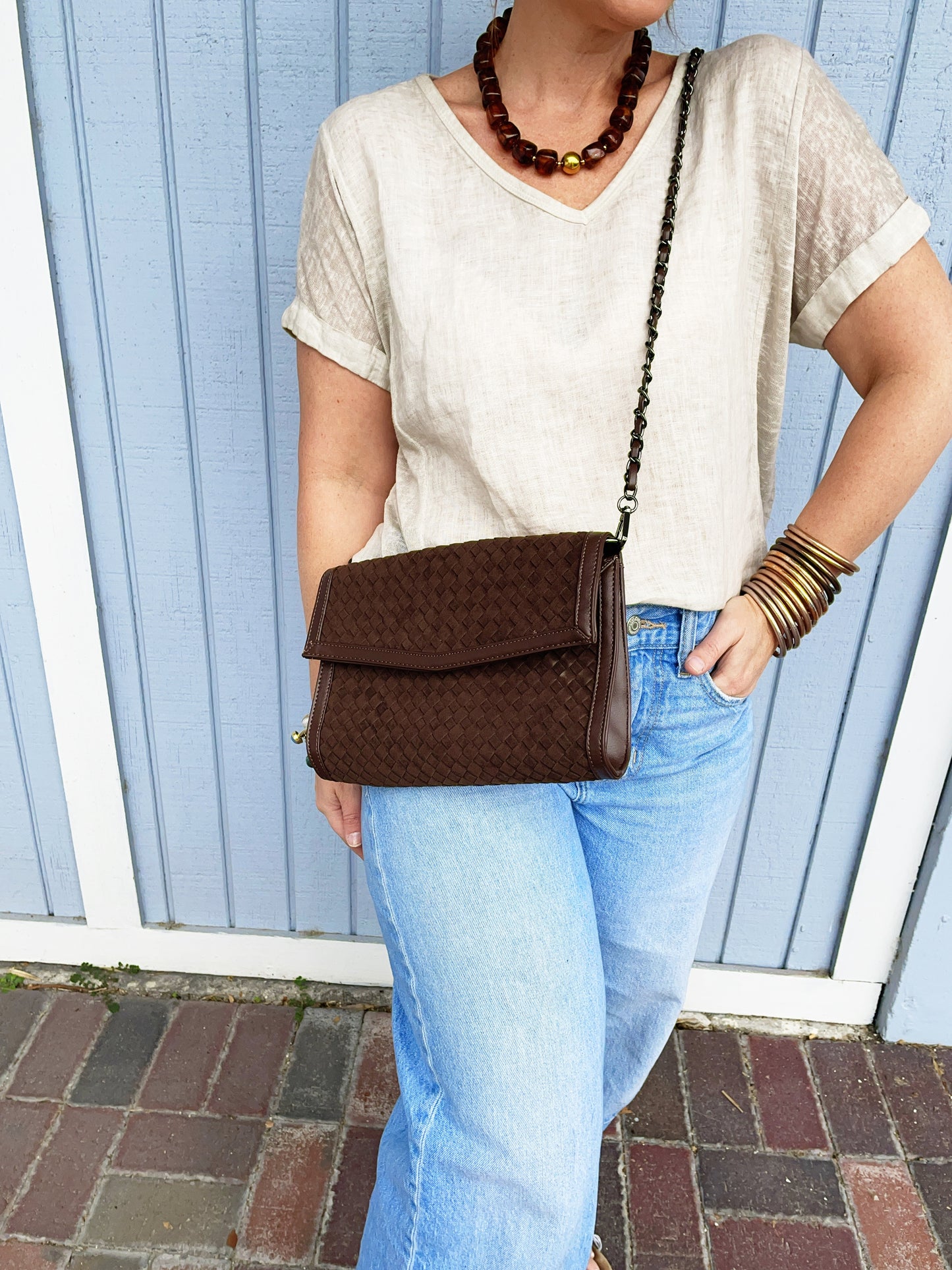 Beth Clutch- Chocolate Woven Vegan Suede