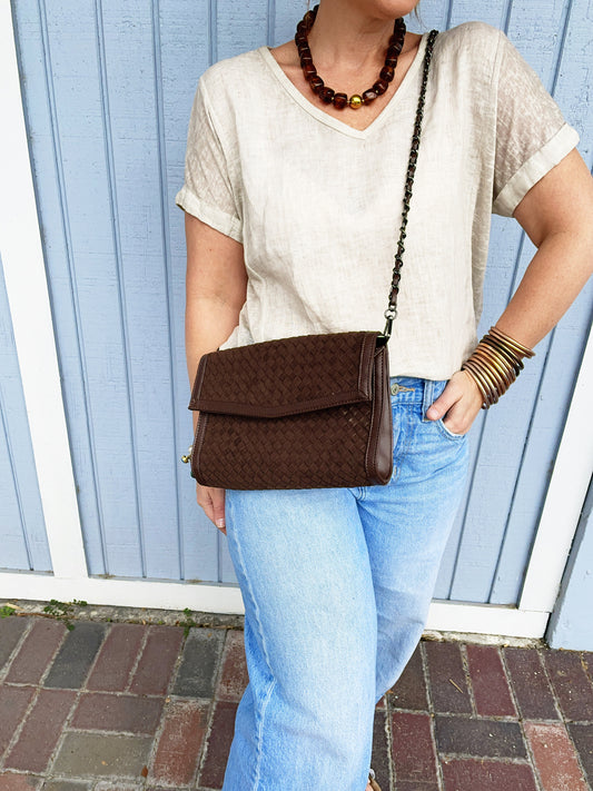 Beth Clutch- Chocolate Woven Vegan Suede