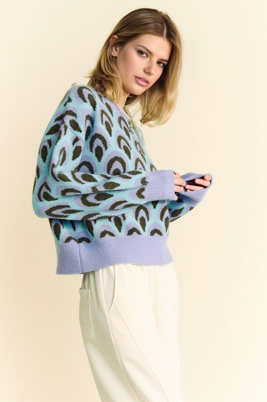 Scale Jacquard Round Neck Drop Shoulder Sweater