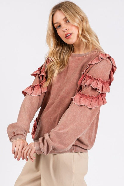 Ruffled Mineral Washed Round Neck Long Sleeve Sweatshirt