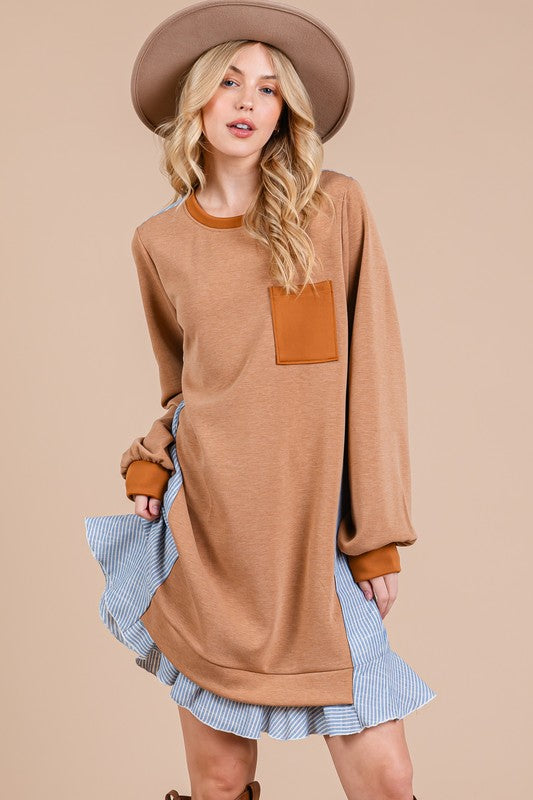 Striped Patchwork Round Neck Terry Sweatshirt Dress