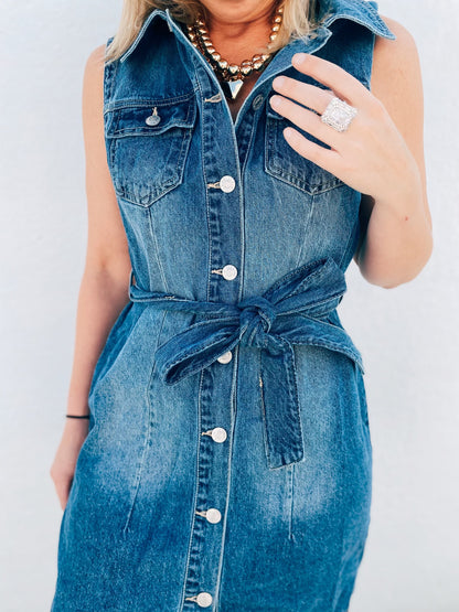 Denim Dress with Waist Tie