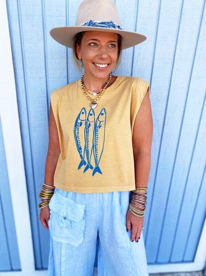 Three Little Fish Vintage Cropped Muscle Tank- mustard