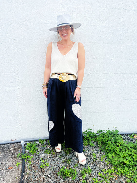 Linen Heart Sparkle Pant- NAVY
