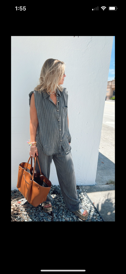 Stripe Button Down Shirt and Long Pants Set