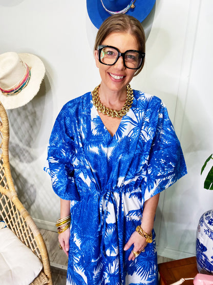 Sophia Kaftan Blue & White Palm Tree