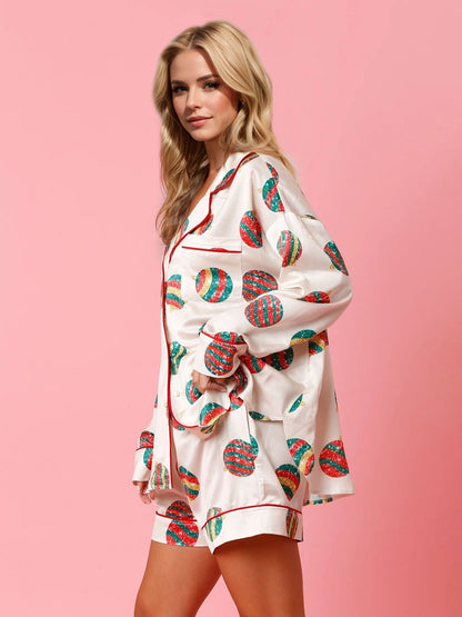 Printed Collared Neck Long Sleeve Top and Shorts Set PREORDER