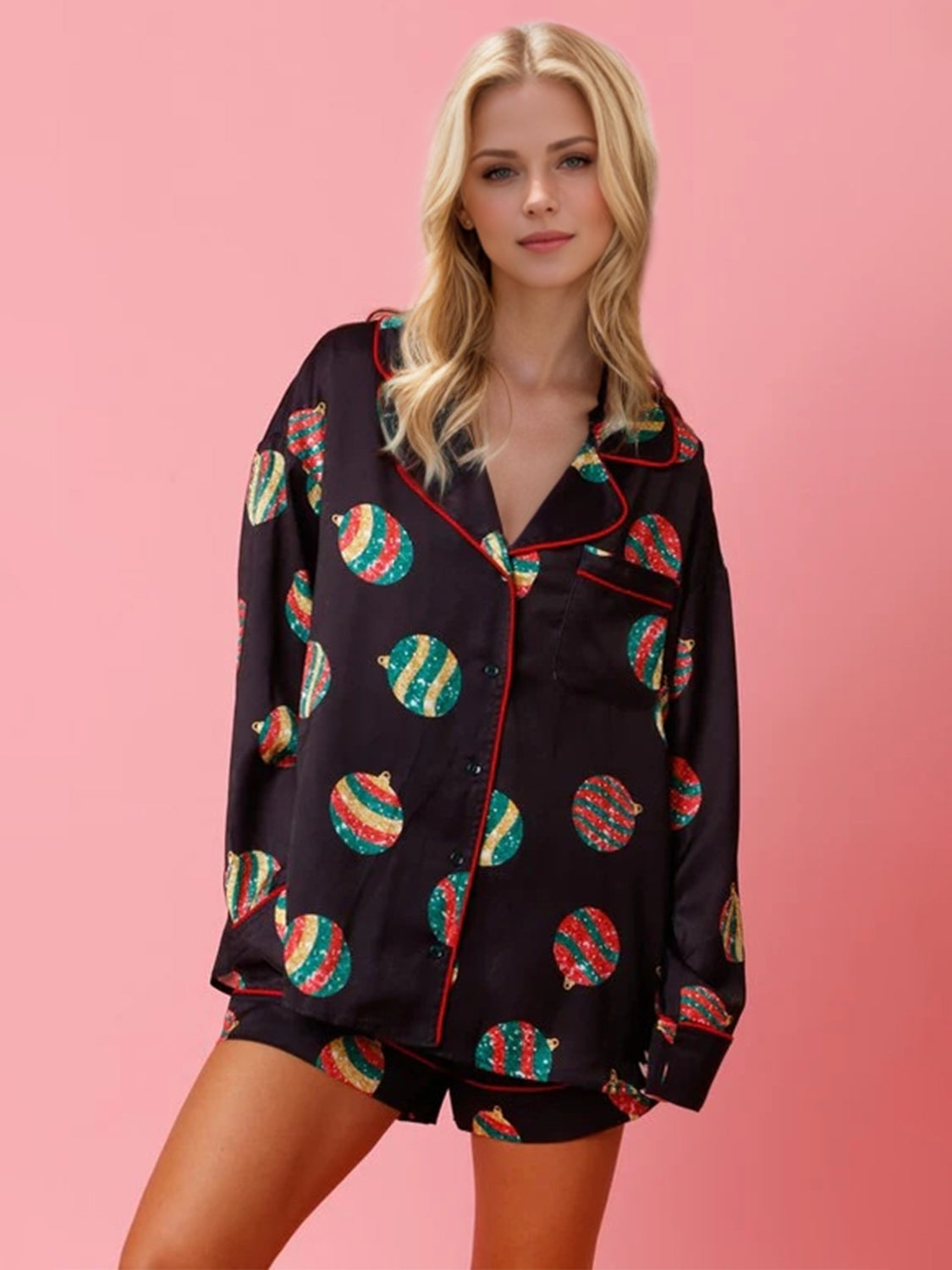 Printed Collared Neck Long Sleeve Top and Shorts Set PREORDER