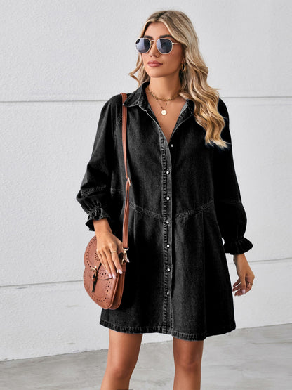 Button Up Flounce Sleeve Mini Denim Dress PREODER