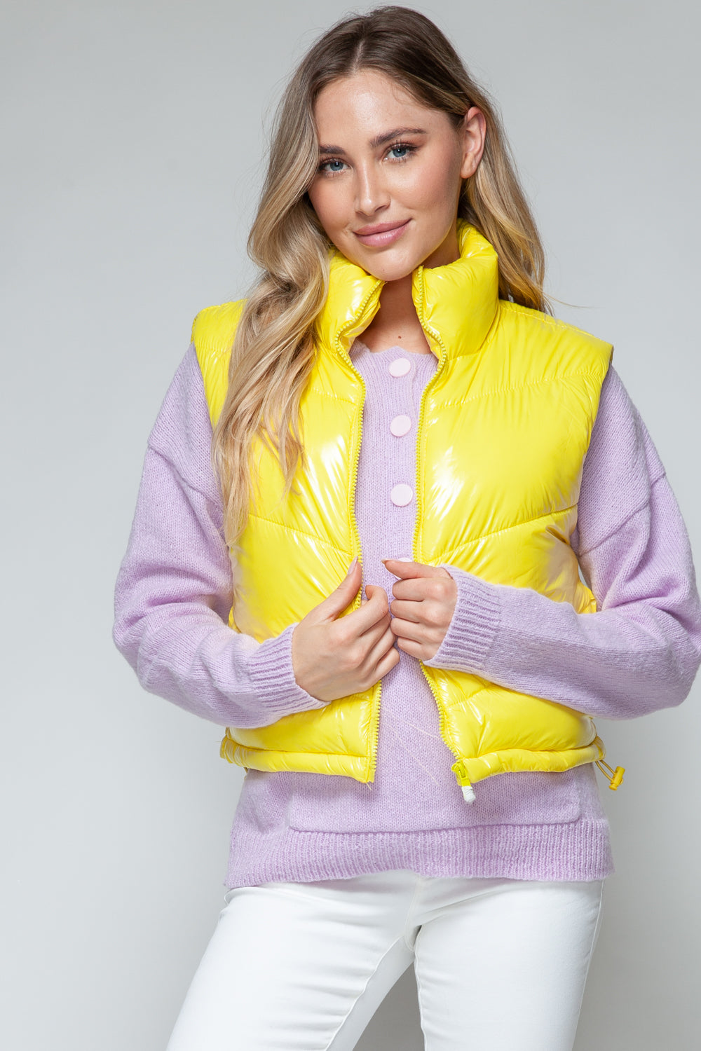 Zip Up Turtleneck Shiny Quilted Vest- YELLOW