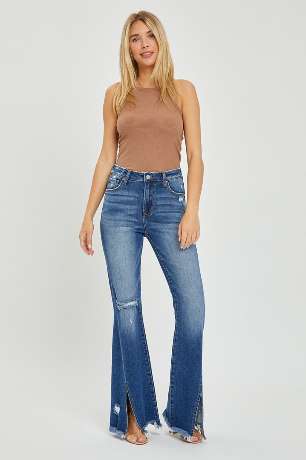 Full Size High Rise Front Slit Frayed Hem Flare Jeans