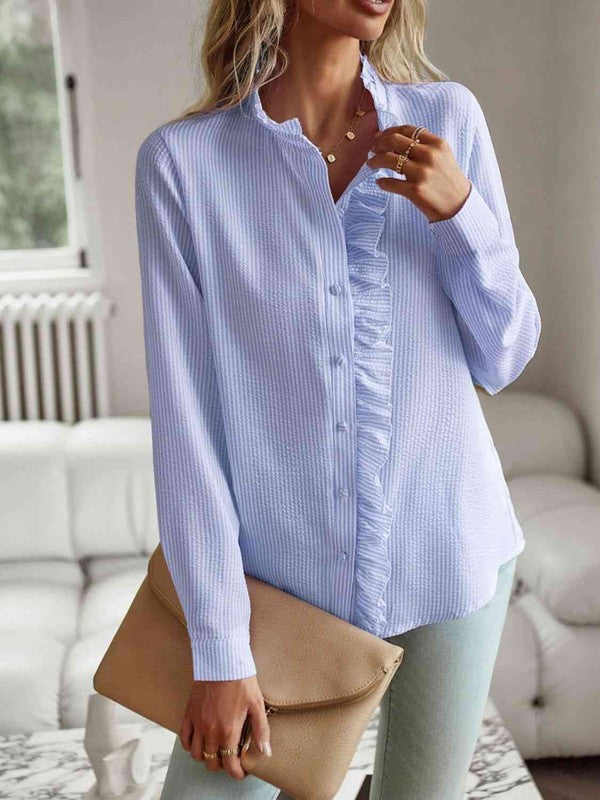 * Multiple Colors -Nat Ruffle Trim Shirt *Online Only