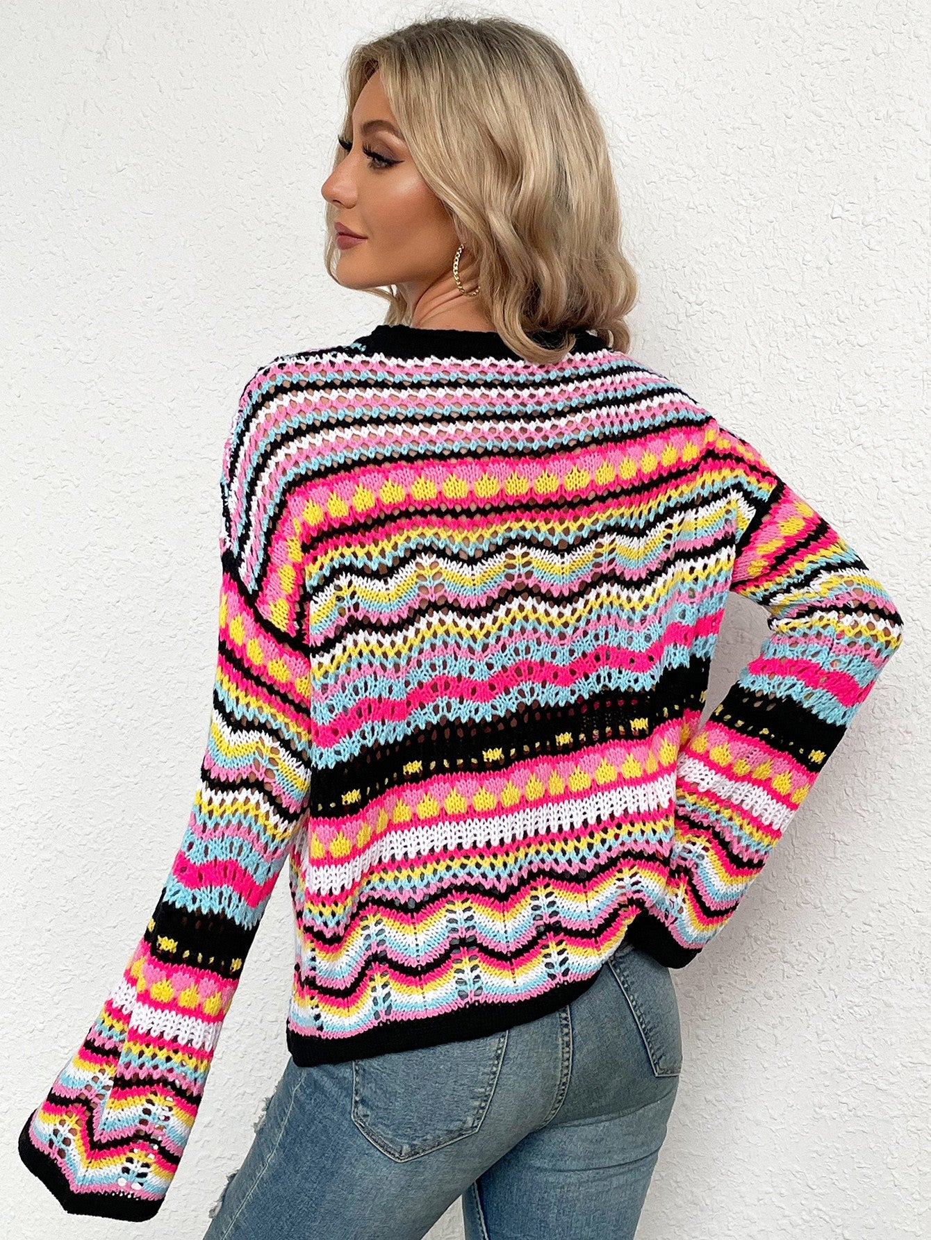 Rainbow Stripe Openwork Flare Sleeve Knit Top PREORDER