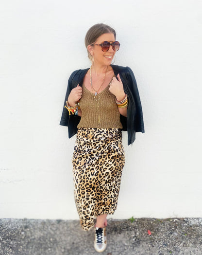 Satin leopard tie skirt