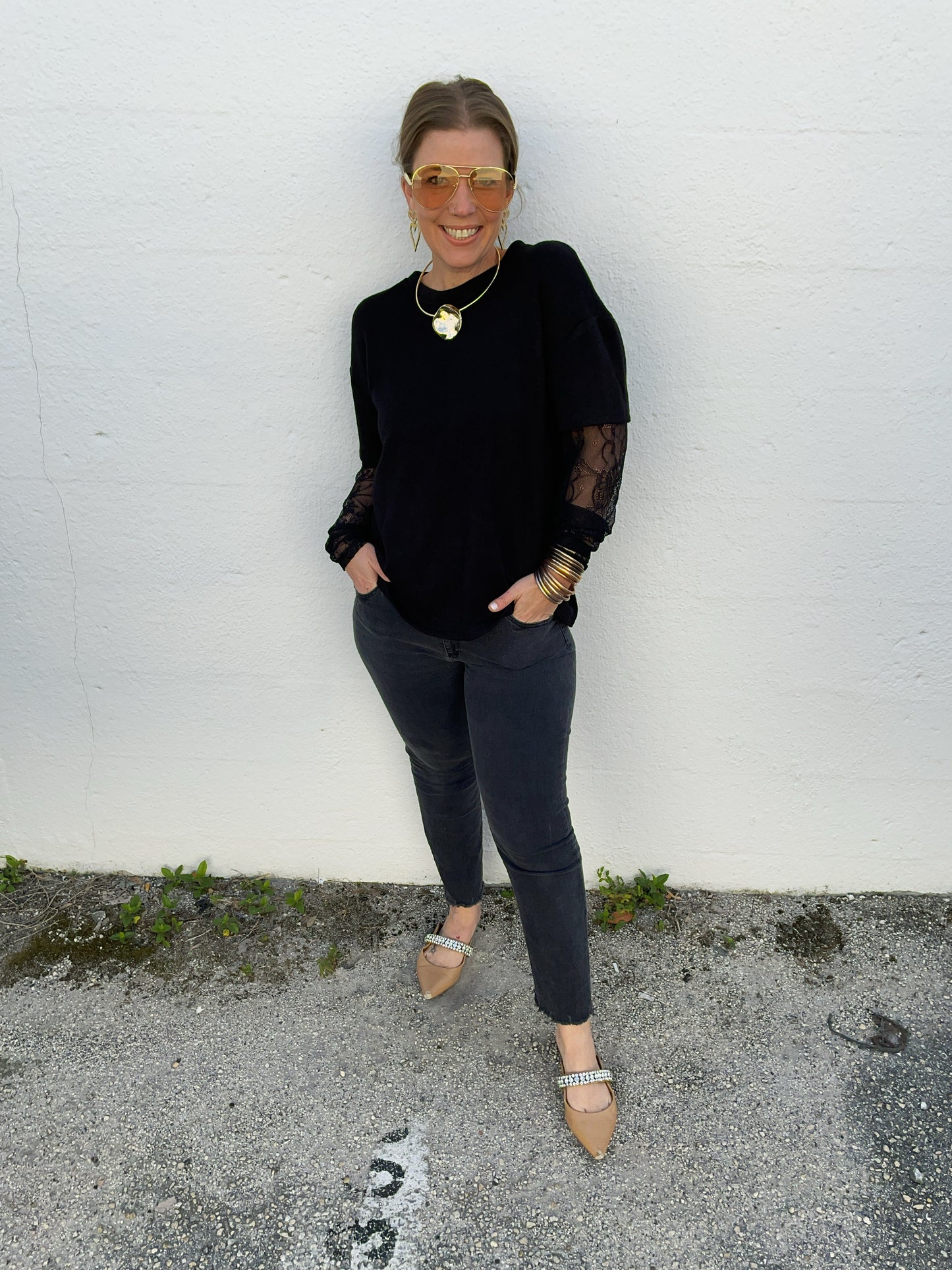 Black Jenny Short Sleeve Sweater with Built in Lace Sleeve