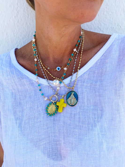 Turq and Pearl Chain Necklace with Medallion