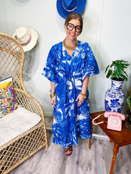 Sophia Kaftan Blue & White Palm Tree