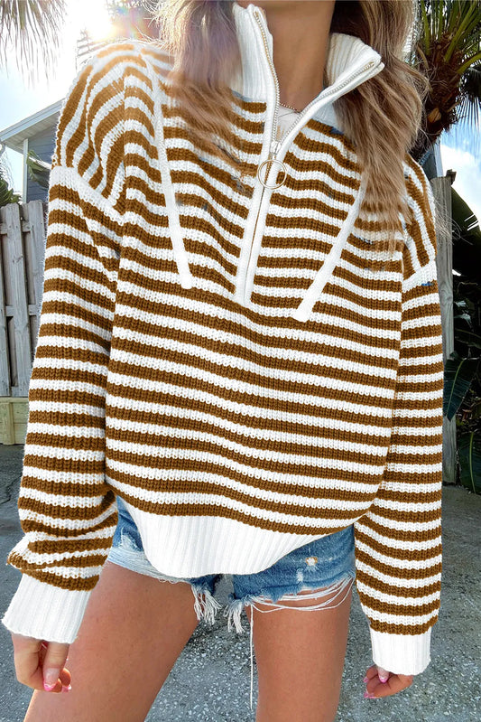 Striped Half Zip Long Sleeve Sweater *Preorder