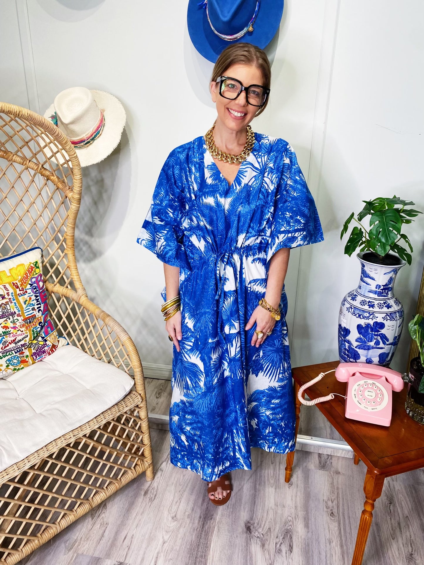 Sophia Kaftan Blue & White Palm Tree