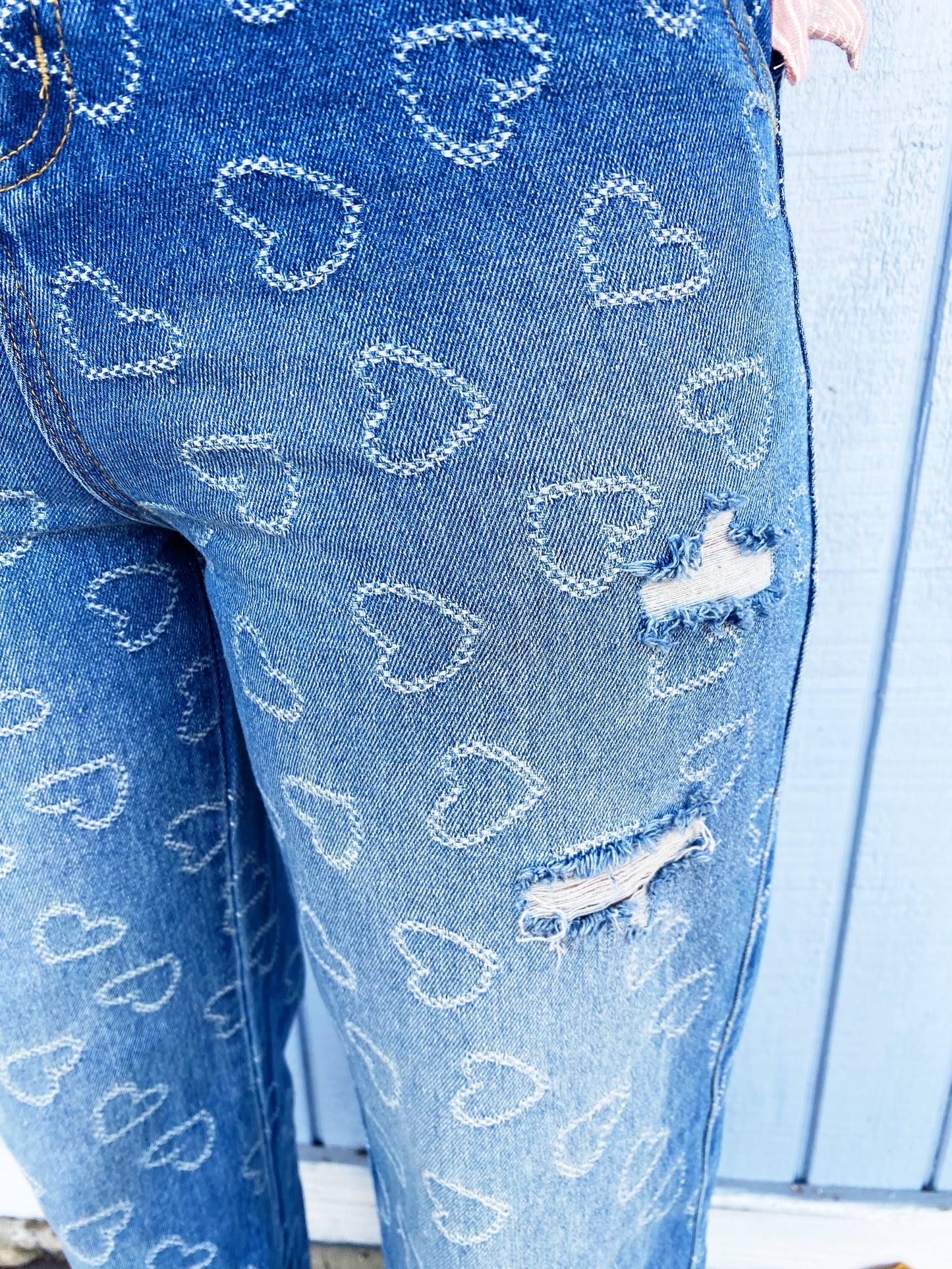 Heart Pattern Washed Denim Pants