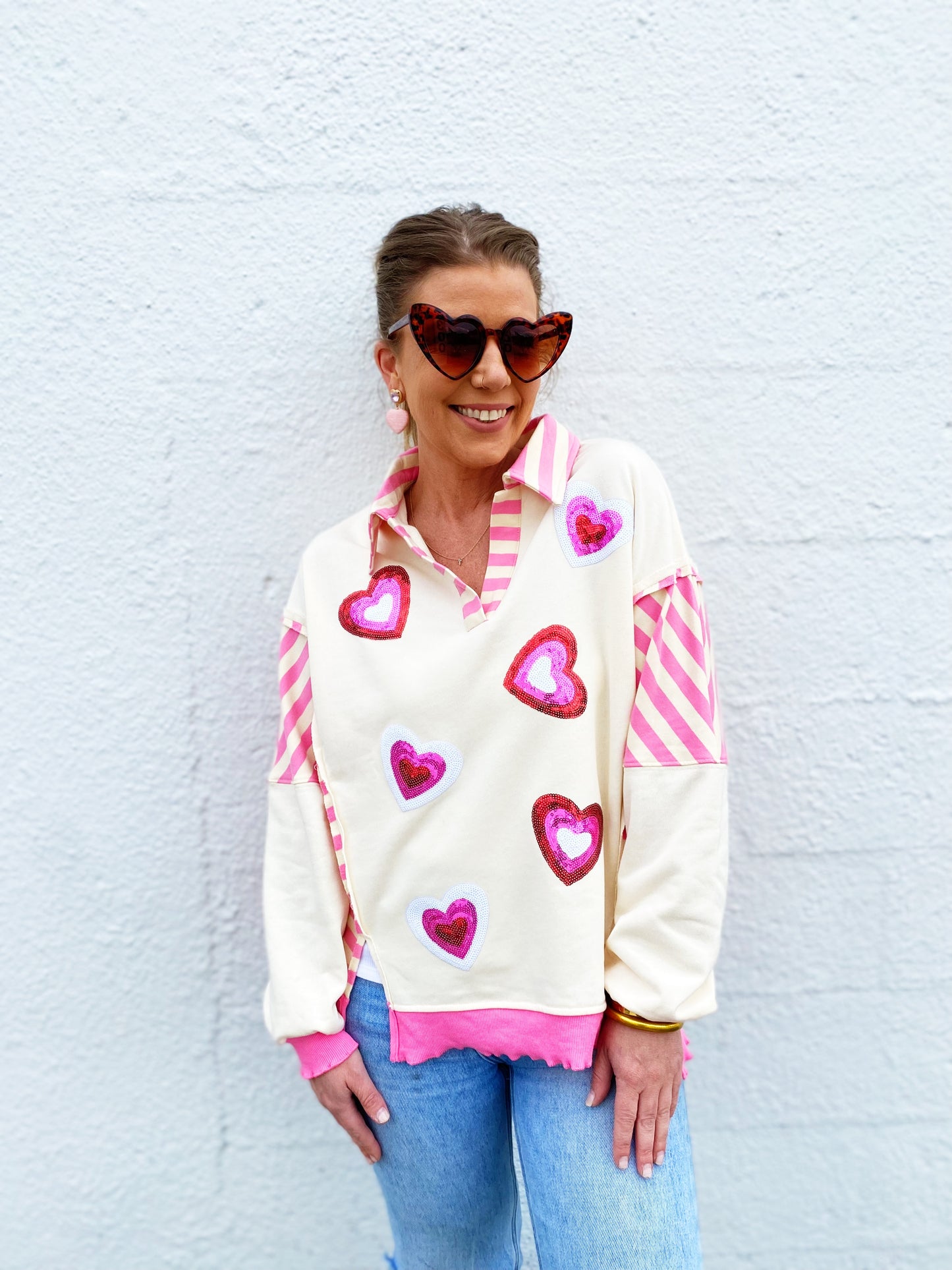 Valentine’s Day Sequin Heart Pattern Long Sleeve Sweatshirt