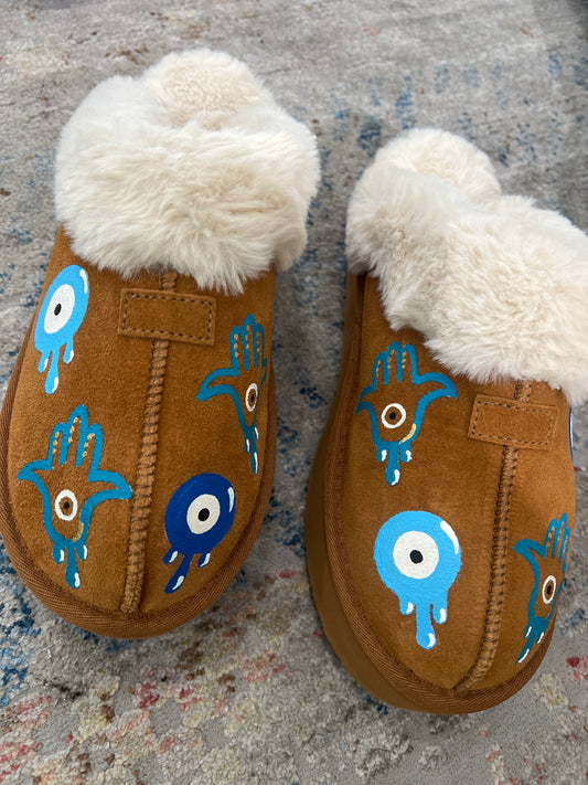 Evil Eye Suede Slipper Size 8 - ONE OF A KIND