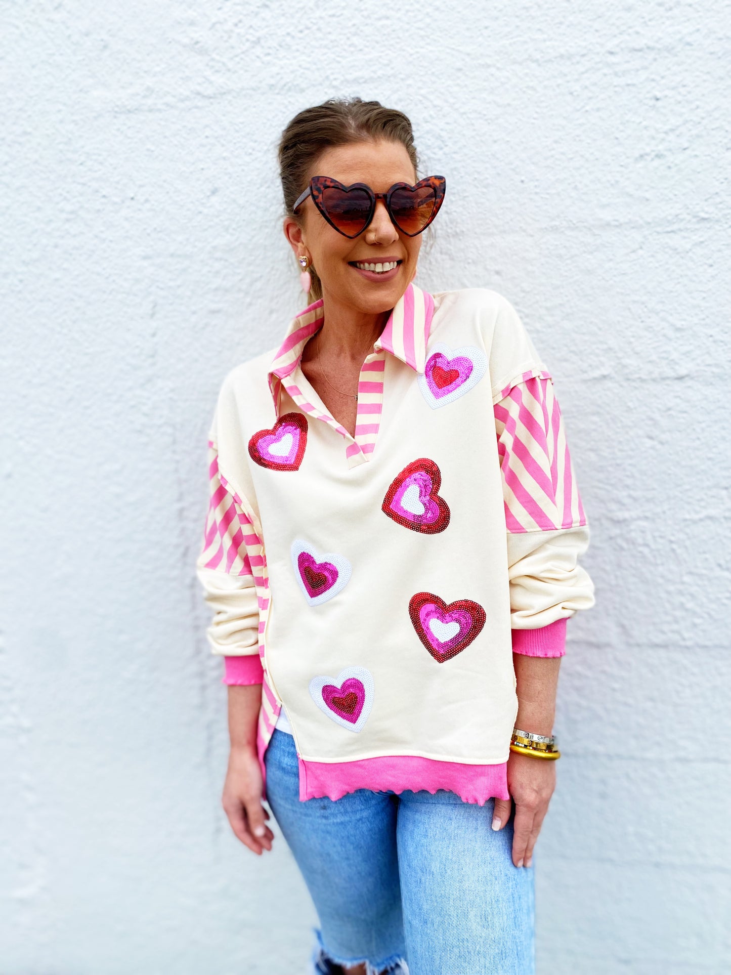 Valentine’s Day Sequin Heart Pattern Long Sleeve Sweatshirt