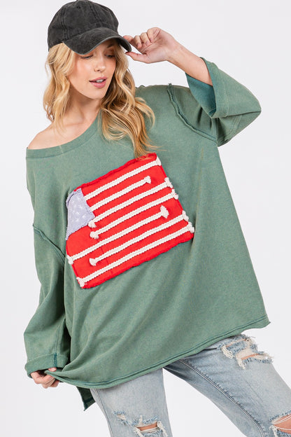 Full Size American Flag Patch Drop Shoulder T-Shirt