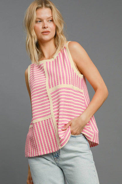 Umgee Round Neck Texture Striped Tank