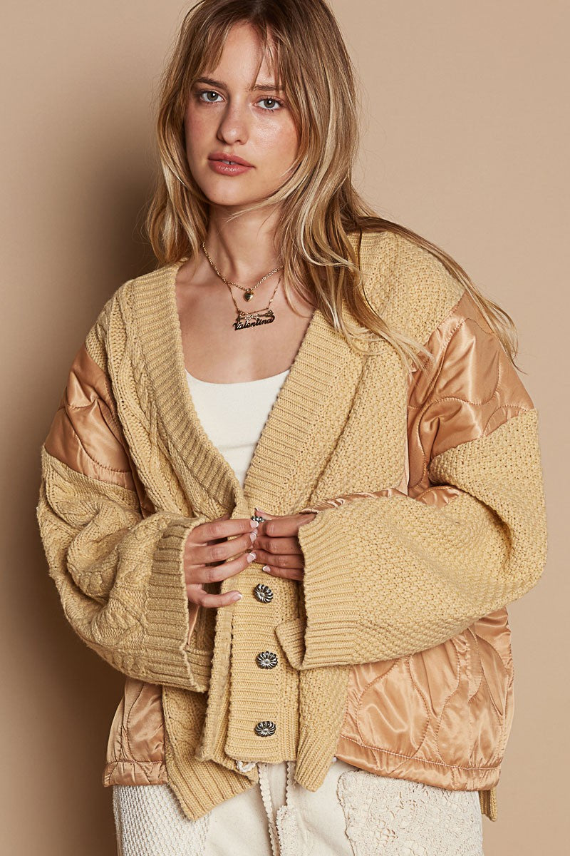 Quilting Patch Button Up Cable Knit Jacket