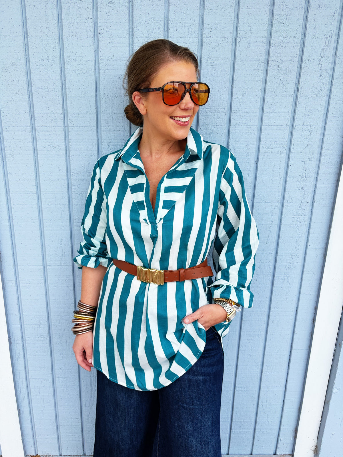 Odette Tunic Ocean and White Stripe