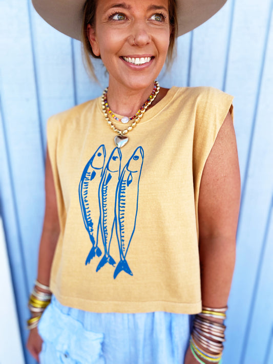 Three Little Fish Vintage Cropped Muscle Tank- mustard