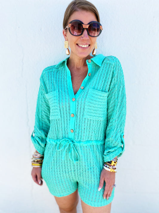 Textured Knit Button Front Romper