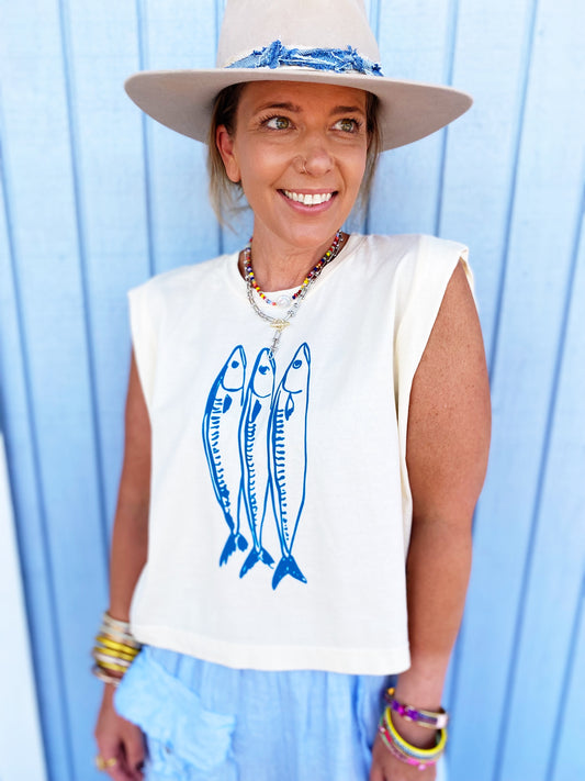 Three Little Fish Vintage Cropped Muscle Tank- cream