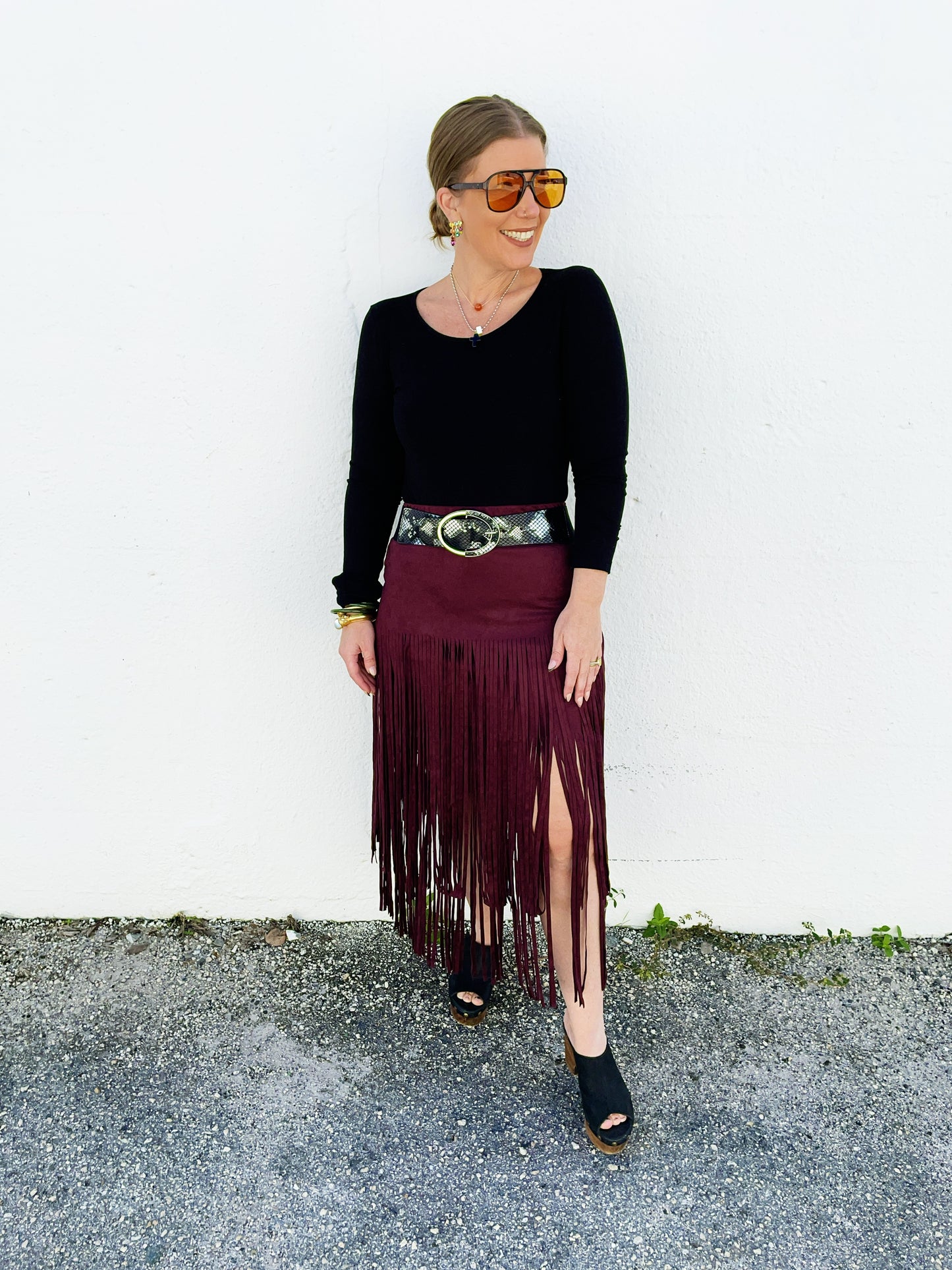 Katrina Fringe Skirt in Merlot